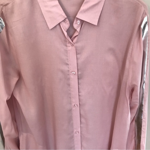 DKNY | Button Down Long Sleeve Pink Shirt Dress w/ Silver Accents & Pockets - Picture 3 of 16